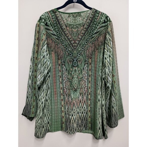 Belle By Kim Gravel Top Womens Size 1X Green BOHO Artsy Embellished Flare Sleeve - Picture 7 of 8